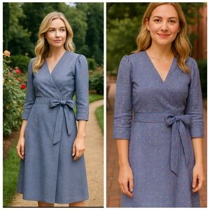 Draper James Blue Embroidered Dot Chambray Wrap Midi Dress Size 4 NWT